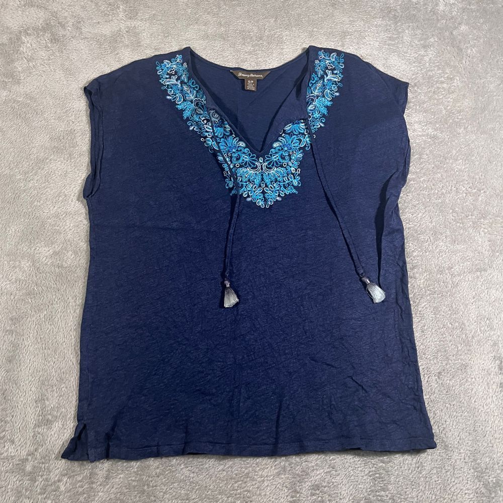 Tommy Bahama Womens Top S/P 100% Linen Navy Blue Embroidered Tassels Split Neck